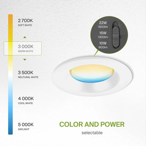 6 Inch Canless LED Downlight with Power Adjustable 10, 15, and 22 Watts and 5 Color Temperatures from 2700K to 5000K