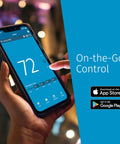Person holding phone with Smart Wi-Fi Thermostat for Home Automation and DIY Friendly, Works With Alexa, Energy Star Certified, Helps You Save Up To 23 Percent On HVAC Energy, Remote Access, Flexible Scheduling, Usage Reports, ST55 app on screen.
