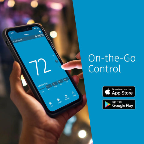 Person holding phone with Smart Wi-Fi Thermostat for Home Automation and DIY Friendly, Works With Alexa, Energy Star Certified, Helps You Save Up To 23 Percent On HVAC Energy, Remote Access, Flexible Scheduling, Usage Reports, ST55 app on screen.