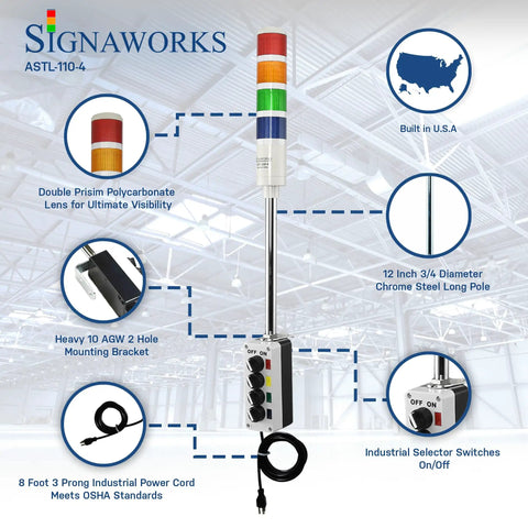 4 Stack LED Andon Tower Light With 8 ft 3 Prong Power Cord, Plug And Play, Off Steady Red Amber Green Blue Signals, indoor industrial