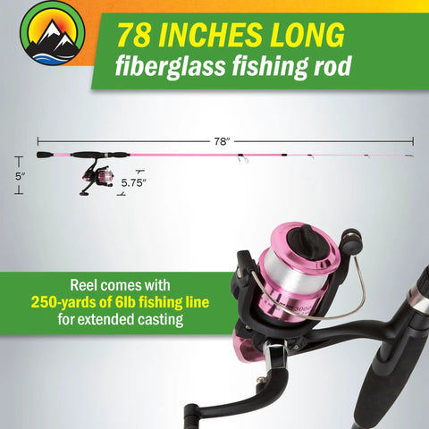 Hot Pink Fishing Rod And Reel Combo With 78 Inch Medium Action Spinning Pole, Lightweight Fiberglass Build, Split EVA Handle