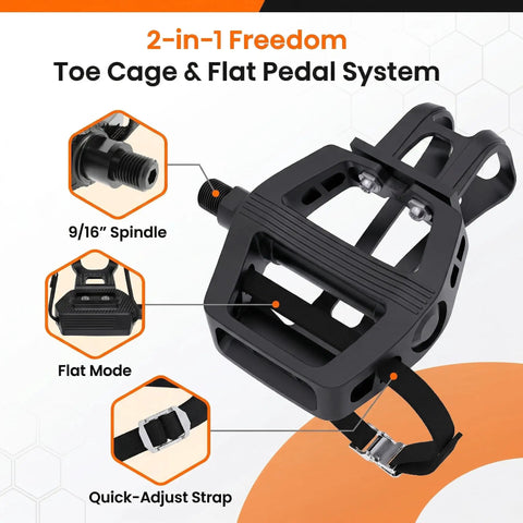Toe Cage Bike Pedals For Regular Or Clipless Shoes, 9 16 Inch Spindle, Heavy Duty Pedals with adjustable strap and flat mode