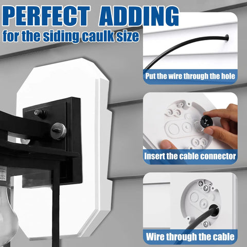 Vinyl Siding Mounting Block With Built-In Electrical Box White, Heavy-Duty Plastic, Paintable Surface, Durable Weatherproof Mounting Block For Outdoor Lights And Fixtures, Quick Install installed on siding with cable opening