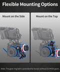 Flexible mounting options for Super Smooth Mini Follow Focus Wheel With 15mm Rod Rack And Clamp, showing side and top positions.