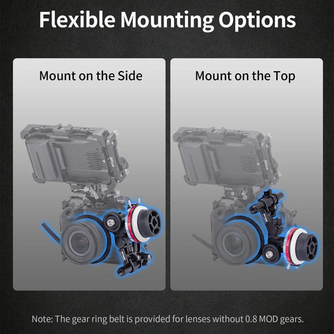 Flexible mounting options for Super Smooth Mini Follow Focus Wheel With 15mm Rod Rack And Clamp, showing side and top positions.