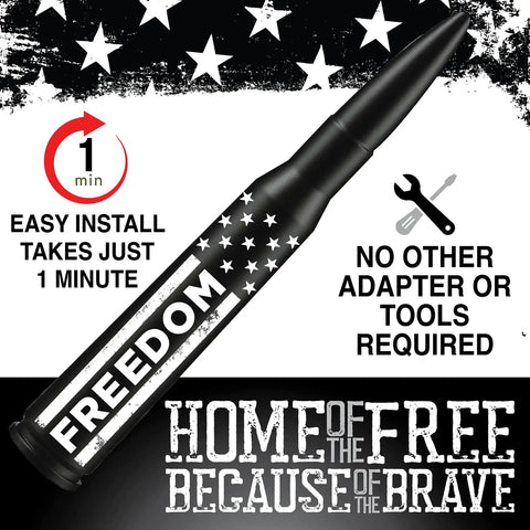 Anti Theft Aluminum Antenna Topper For Chevy And GMC Trucks Fits Silverado And Sierra Through All Model Years Made With Military Grade Aluminum Anti Chip Protection And Rugged Radio Antenna Accessory with black and white star design, emphasizing easy installation and no tools required.
