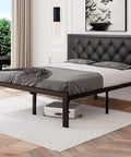 Quick Setup Full Size Metal Bed Frame With Faux Leather Tufted Headboard in a modern bedroom setup.