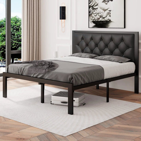 Quick Setup Full Size Metal Bed Frame With Faux Leather Tufted Headboard in a modern bedroom setup.