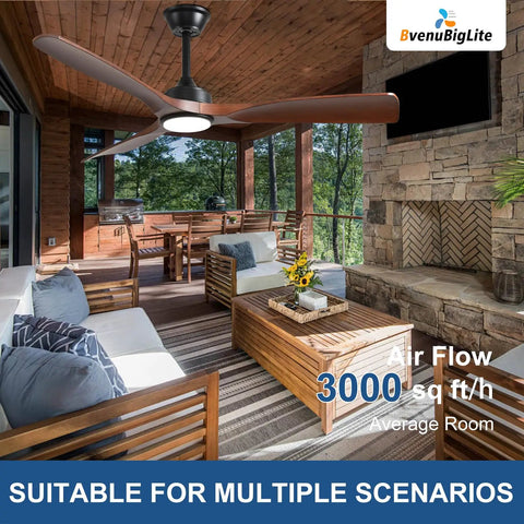 52 Inch Outdoor Ceiling Fan With Light Three Blade Modern Walnut Vibe Dimmable LED Lighting Remote Ultra Quiet DC Motor Reversible For Year Round Comfort Timer Perfect For Patios Decks And Outdoor Living Areas on a covered patio with seating.