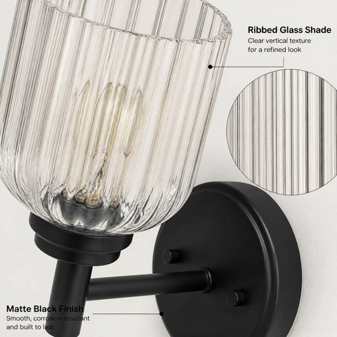 Close-up of AOIOUR 10.4" 1‑Light Farmhouse Vanity Wall Sconce, Ribbed Glass Matte Black with ribbed glass shade.