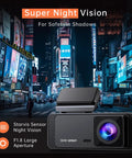 Crystal Clear 1296P Front Dash Cam With WiFi App Night Vision Mini Hidden Car Camera displayed with cityscape backdrop.