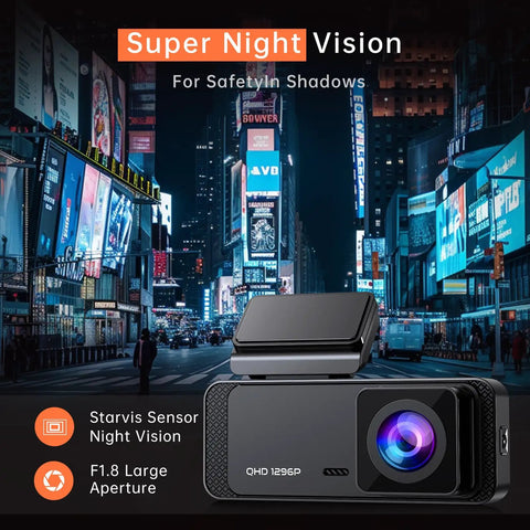 Crystal Clear 1296P Front Dash Cam With WiFi App Night Vision Mini Hidden Car Camera displayed with cityscape backdrop.