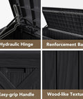 Close-up of 120 Gallon Resin Outdoor Storage Box For Patio And Yard Waterproof Deck Box Bench Lockable Outdoor Storage Chest open lid with hydraulic hinge, easy-grip handle, reinforcement bars, and wood-like texture.