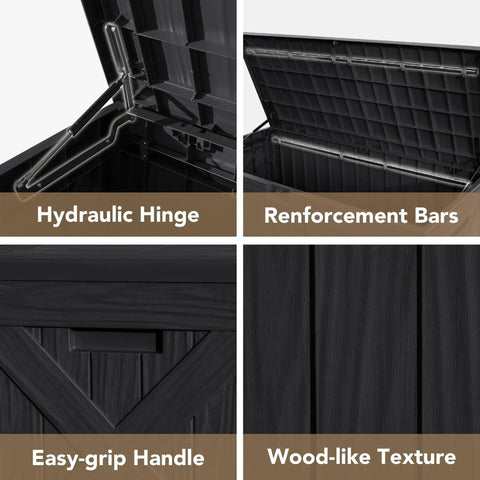 Close-up of 120 Gallon Resin Outdoor Storage Box For Patio And Yard Waterproof Deck Box Bench Lockable Outdoor Storage Chest open lid with hydraulic hinge, easy-grip handle, reinforcement bars, and wood-like texture.