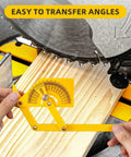 Adjustable Protractor Angle Finder Two Pack measures zero to one eight zero degree angles on wood with a yellow plastic design.
