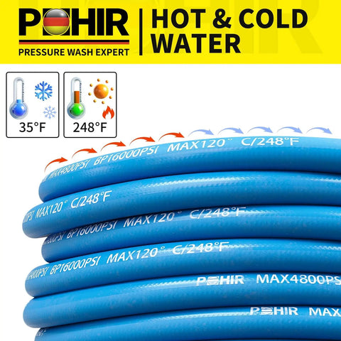 Blue 100Ft Pressure Washer Hose Three Eighths Inch 4800 Psi Kink Resistant Industrial Grade Wire Braided for Hot and Cold Water