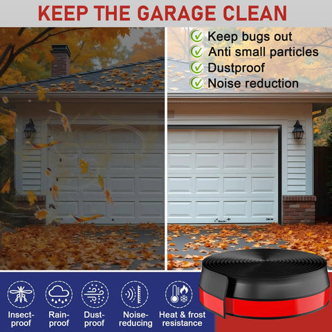 Image showing before and after installation of 23 Ft Garage Door Weather Stripping Kit Top And Sides Heavy Duty TPE Seal Weatherproof Insulation.