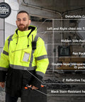Mens Top Shelf High Visibility Reflective Jacket Waterproof Winter Work Parka Built Like A Tank Ansi Class 3 featuring detachable cap and pockets.