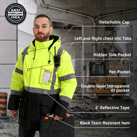 Mens Top Shelf High Visibility Reflective Jacket Waterproof Winter Work Parka Built Like A Tank Ansi Class 3 featuring detachable cap and pockets.