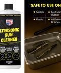 Ultrasonic gun cleaner bottle with yellow label, 32 oz; right side shows gun parts soaking in a metal tray.
