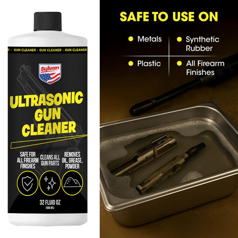 Ultrasonic gun cleaner bottle with yellow label, 32 oz; right side shows gun parts soaking in a metal tray.