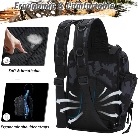 Tactical Fishing Tackle Backpack For All Weather Conditions With Waterproof Oxford Fabric showing ergonomic shoulder straps design