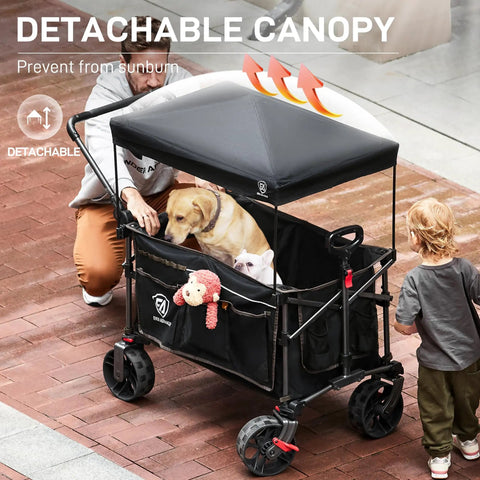 All Terrain Folding Wagon Cart with Canopy and Brakes, holding dogs, detachable canopy, large wheels for rough terrain