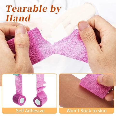 24 Pack Self Adhesive Bandage Wrap 2 Inch Wide 5 Yard Long Cohesive Tape, pink color, shown tearing by hand for easy use