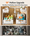 Sleek Two Tier Pull Out Under Sink Organizer For Kitchen Cabinets, Ultra Smooth Glide Storage Rack With Anti Tip Stops, Keeps Bottles Sponges And Cleaning Gear Shipshape And Ready When You Need It Quick, showing tall bottles stored efficiently.