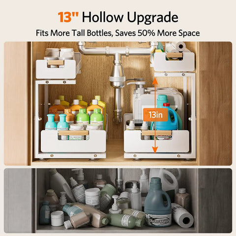 Sleek Two Tier Pull Out Under Sink Organizer For Kitchen Cabinets, Ultra Smooth Glide Storage Rack With Anti Tip Stops, Keeps Bottles Sponges And Cleaning Gear Shipshape And Ready When You Need It Quick, showing tall bottles stored efficiently.