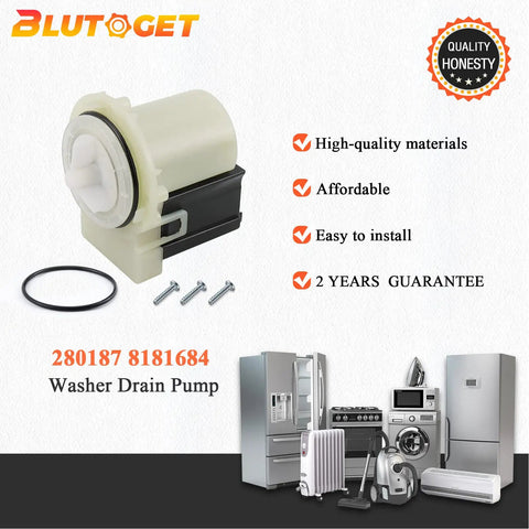 Hella Reliable Heavy Duty 280187 8181684 Washer Drain Pump Motor with black and white casing, includes O-ring and screws.