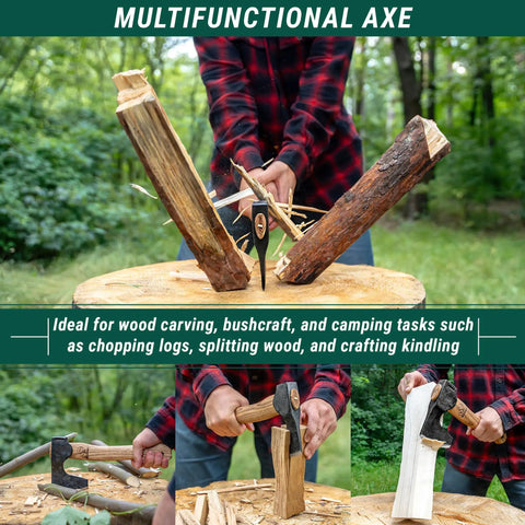 AX6 Go-To Bushcraft Hatchet For Camping And Wood Carving used for splitting wood on a stump, ideal for outdoor projects