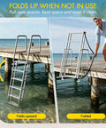 Flip Up Dock Ladder For Boats And Docks, 4 Steps, 350 Lbs Capacity, aluminum ladder folds up on a dock beside the water