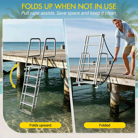 Flip Up Dock Ladder For Boats And Docks, 4 Steps, 350 Lbs Capacity, aluminum ladder folds up on a dock beside the water