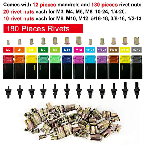 Rivet Nut Tool Kit With 14 Inch Reach, 180 Piece Assortment Including 12 Metric And SAE Mandrels, Toolless Quick Change Head
