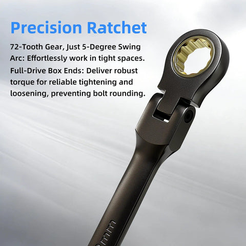 Close-up of Extra Long Flex Head Ratcheting Wrench Set Six Piece Metric 8-19mm with 72-tooth gear and 180-degree flex head. 