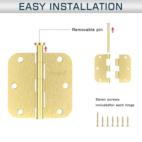 30 Pack Boss Level Brushed Gold Door Hinges 3.5 Inches showing removable pin and screws for easy installation.