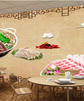 High Definition 3D Wall Covering Showcasing A Flavorful Meat Herb Roll Spice Print To Seriously Level Up Your Cafe Or Restaurant Digs With Bold Commercial Style And A Fresh Vibe Across A Generous 17 By 16 Foot Surface featuring a hot pot meal graphic on a textured background.