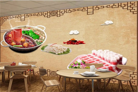 High Definition 3D Wall Covering Showcasing A Flavorful Meat Herb Roll Spice Print To Seriously Level Up Your Cafe Or Restaurant Digs With Bold Commercial Style And A Fresh Vibe Across A Generous 17 By 16 Foot Surface featuring a hot pot meal graphic on a textured background.