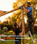 Two men installing a 15 Degree Slant Pergola Bracket Kit For 4 By 4 Posts Two Way L Shaped Roof Brackets outdoors
