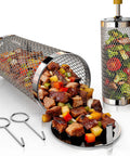 Rolling Grill Basket Two Pack Stainless Steel Grilling Basket With Removable Wooden Handle For Veggies Shrimp And Meats