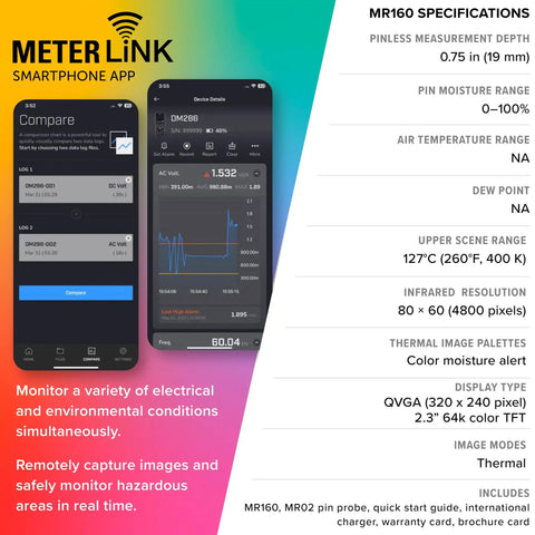 MR160 Imaging Moisture Meter With IGM Tech app interface and specifications overview display.
