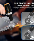 Electric Drill Plate Cutter Attachment For Metal Cutting in use, showing grip grooves and cutting blade on metal sheet.