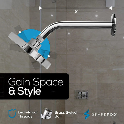 Diagram of 9-inch shower arm showing measurements and features. 6 Inch Rain Shower Head With 9 Inch Shower Arm High Pressure Rainfall For A Strong Water Flow No Tools 1 Minute Install Durable Brushed Nickel Energy Saving Longer Hot Showers.