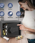 Woman using Beefy Fireproof Safe Box 1.2 Cub Digital Safe Waterproof With Combination Lock And LED Keypad for valuables.