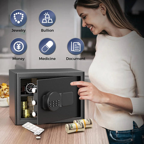 Woman using Beefy Fireproof Safe Box 1.2 Cub Digital Safe Waterproof With Combination Lock And LED Keypad for valuables.