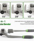 Heavy Duty Three In One Tubing Bender For HVAC Techs showing adjustable knobs for 1/4, 3/8, and 1/2 inch pipes.