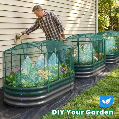 Self Watering Galvanized Raised Garden Bed Kit For Veggies Herbs And Flowers With Mesh Cover In A Large Oval Metal Outdoor Planter Box Six Foot By Three Foot By One Foot
