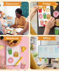 Fast Food Themed Sticky Note Set With 8 Junk Food Shapes for classrooms, fridge, notebook, and office use, 24 self adhesive pads.