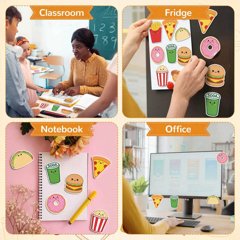 Fast Food Themed Sticky Note Set With 8 Junk Food Shapes for classrooms, fridge, notebook, and office use, 24 self adhesive pads.